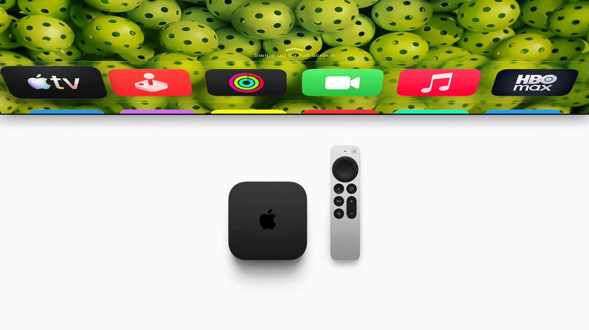 The new Apple TV 4K (4th generation) from Apple with its Siri Remote below a row of app icons