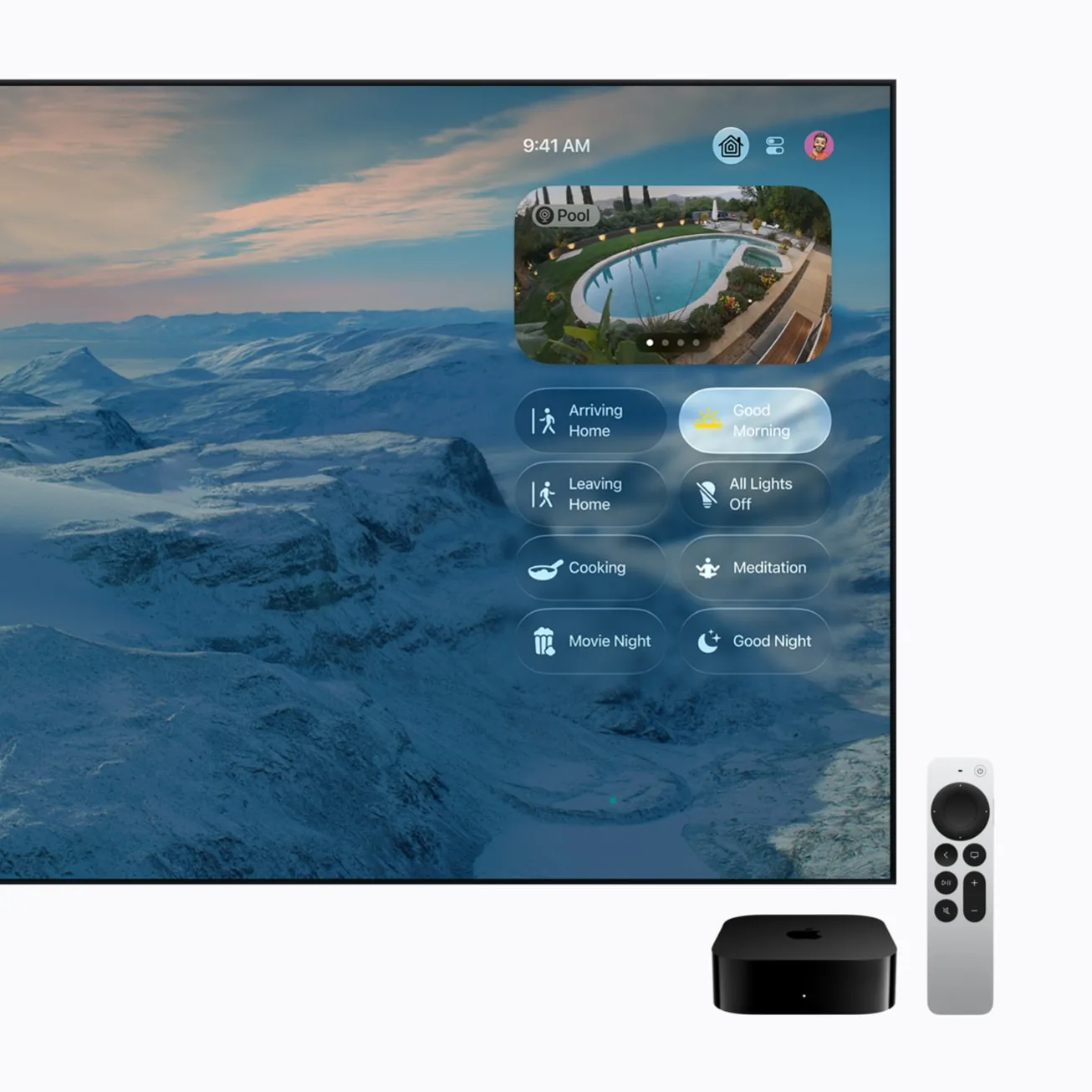 Apple TV 4K home hub screen with smart home scenes and a camera view, next to the Apple TV box and remote