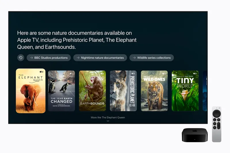 Apple TV 4K with Siri AI showing nature documentary suggestions on a television screen, Siri Remote in front