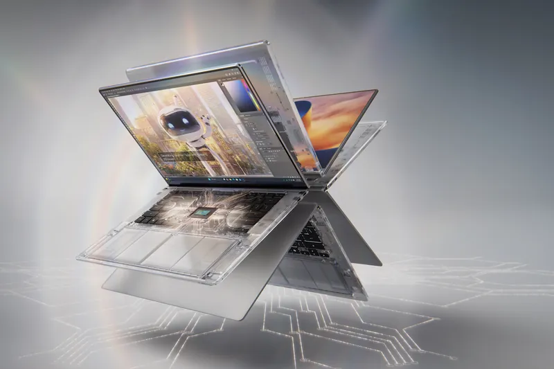 NVIDIA RTX Spark laptops shown open and folded with a transparent view of the superchip inside